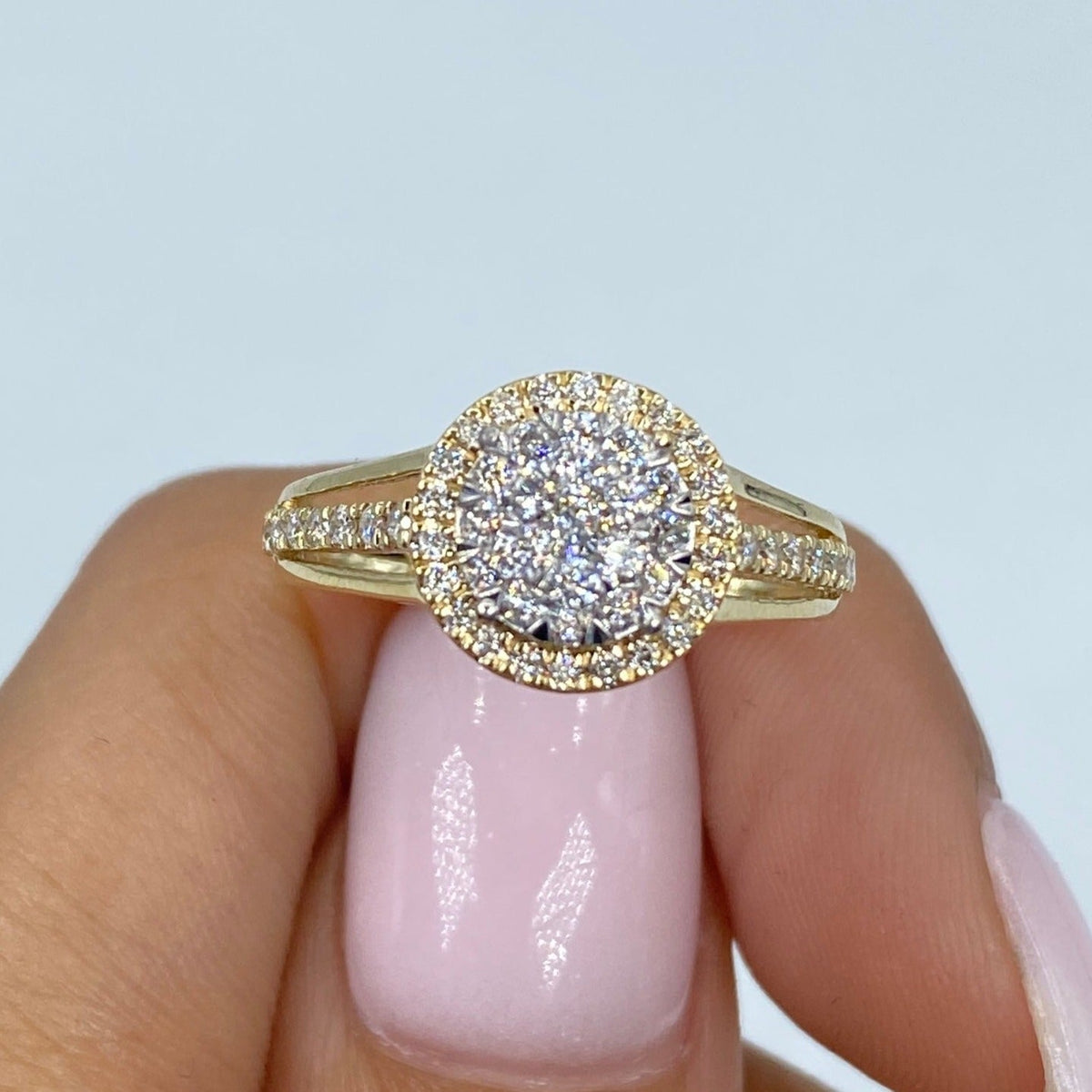 14K Gold Circle Halo Diamond Ring in yellow gold - close-up product photo