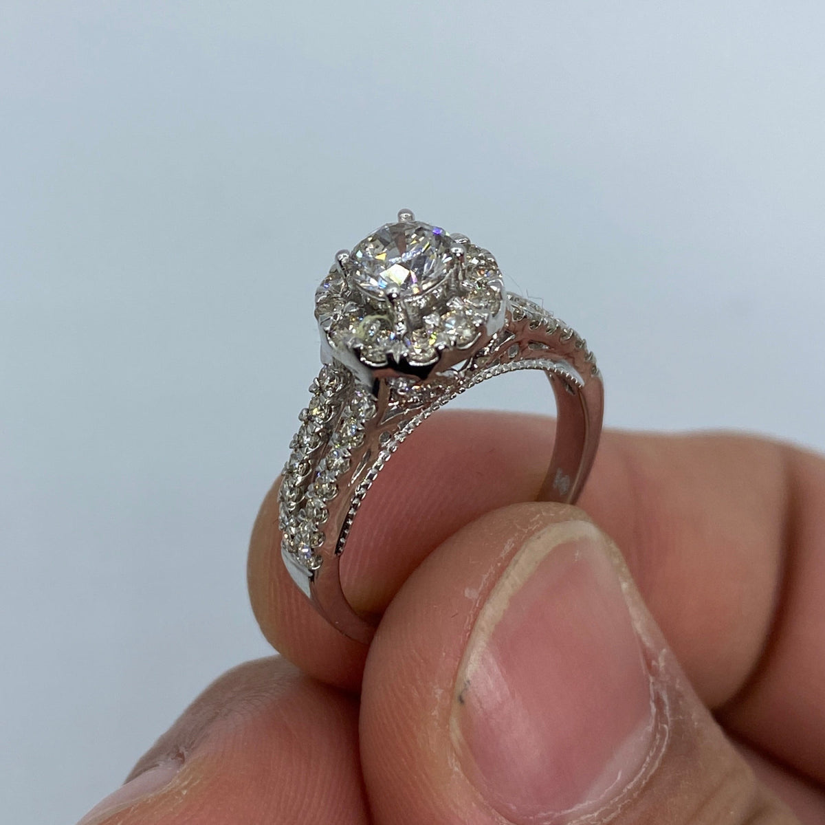 14K Gold Jumbo Center Diamond Halo Engagement Ring in white gold - close-up product photo