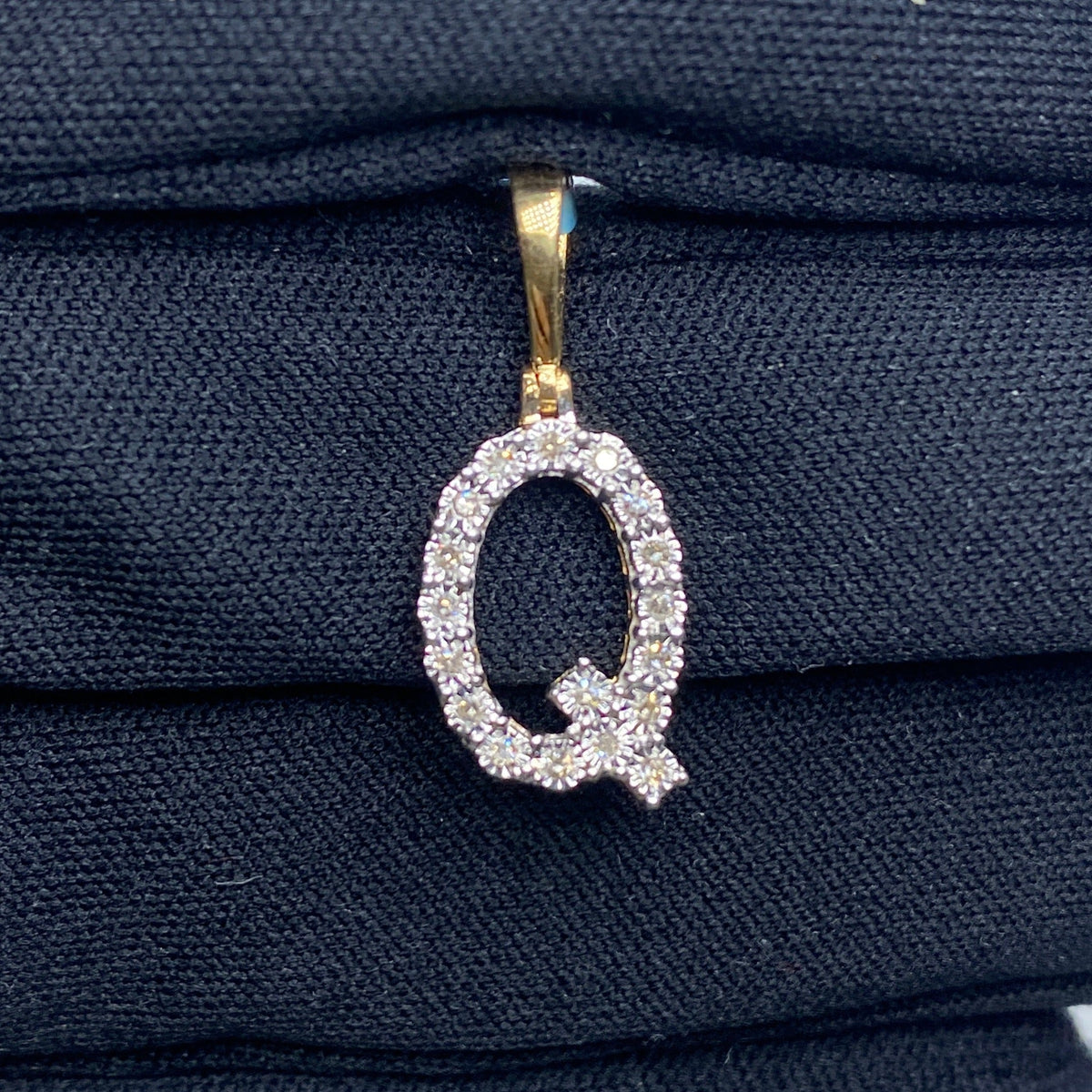 14K Gold Single Stone Initial Q Diamond Pendant, Small - close-up product photo