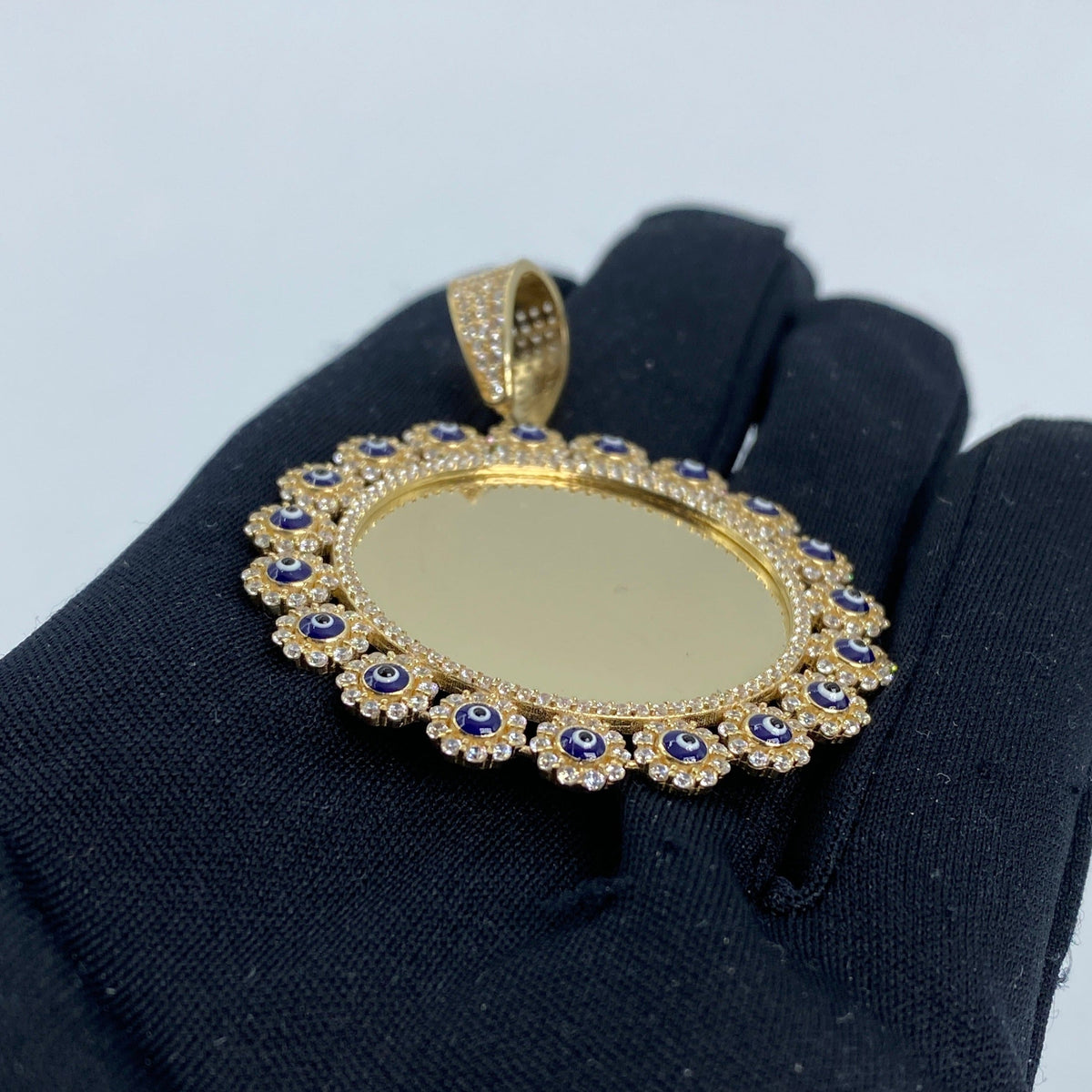 14K Gold Evil Eyes Flower Circle Picture Photo CZ Pendant - additional product view 3