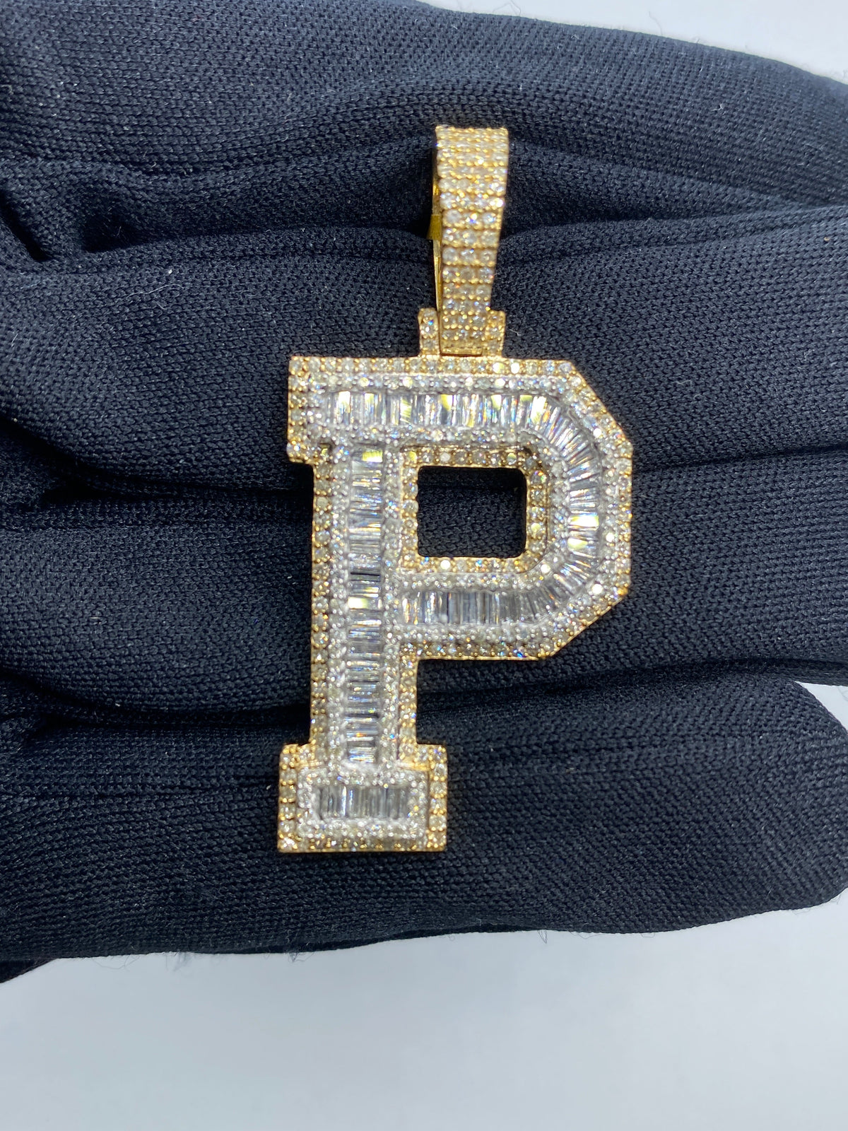 Initial P Baguette Diamond Pendant in yellow - close-up product photo