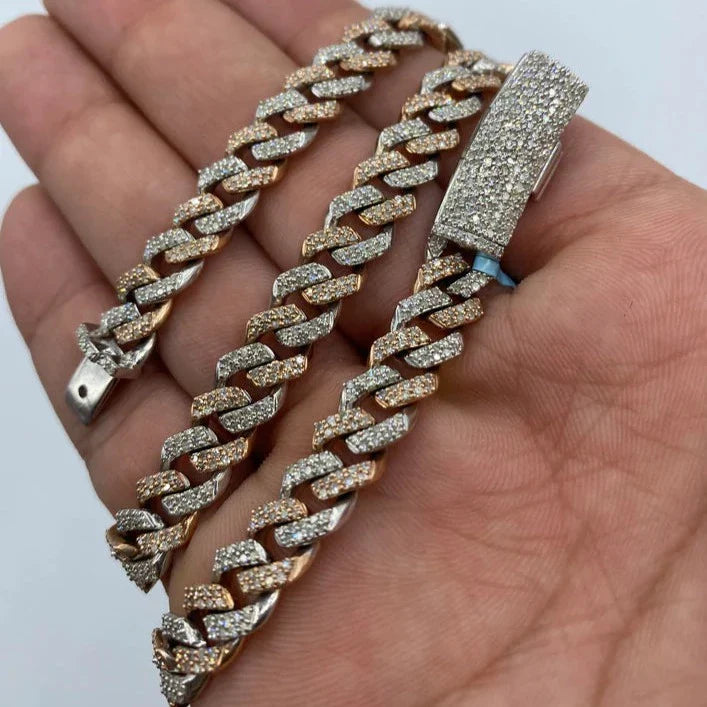 14K Gold 8mm Cuban Link Diamond Chain 16–22 in in white & rose (two-tone), 16" - close-up product photo