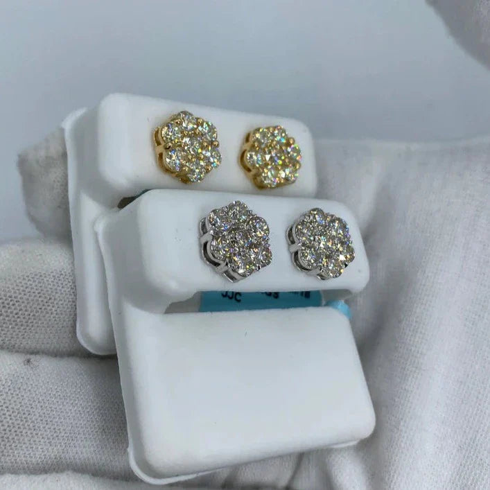 14K Gold Flower Diamond Earrings All Sizes in yellow gold, 3.1ct - close-up product photo