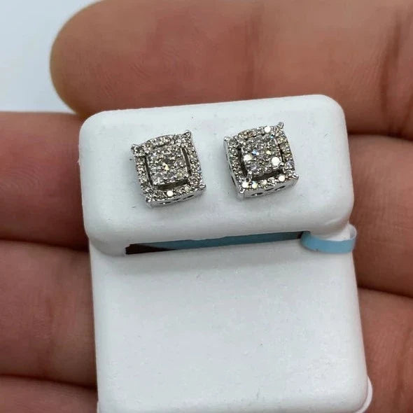 14K Gold Square Box Diamond Earrings in white gold, Small - close-up product photo