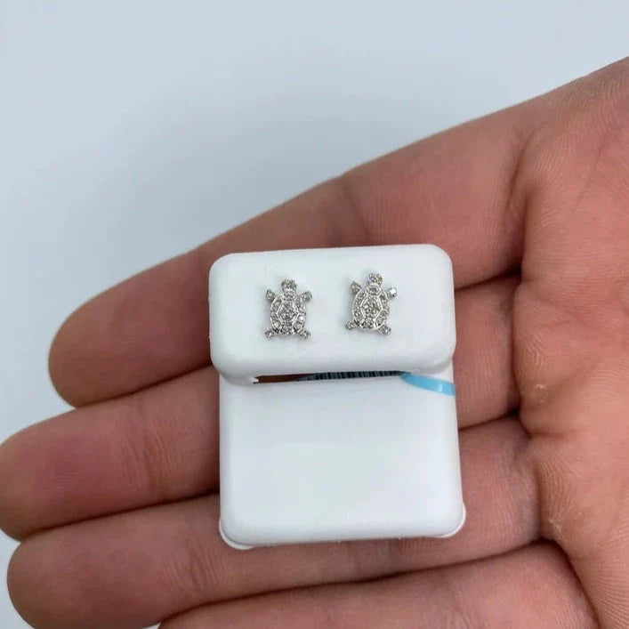 14K Gold Turtle Diamond Earrings in white gold - close-up product photo