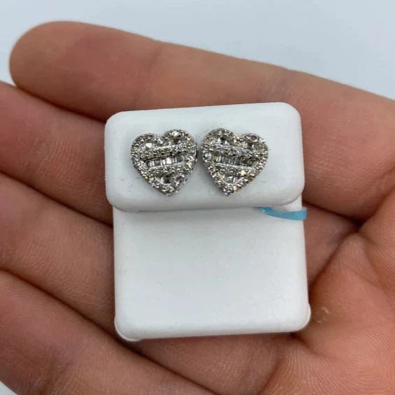 14K Gold Heart Diamond Baguette Earrings in white gold, Large - close-up product photo
