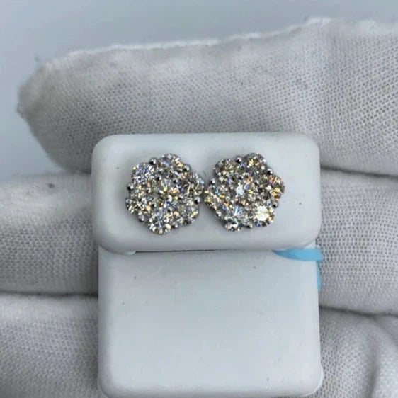 14K Gold Flower Diamond Earrings 2.4 Ct in white gold - close-up product photo
