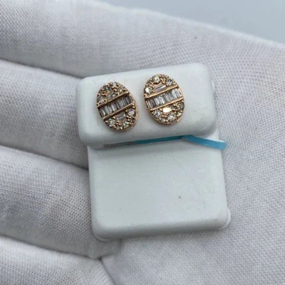 14K Gold Oval Diamond Baguette Earrings in rose gold - close-up product photo