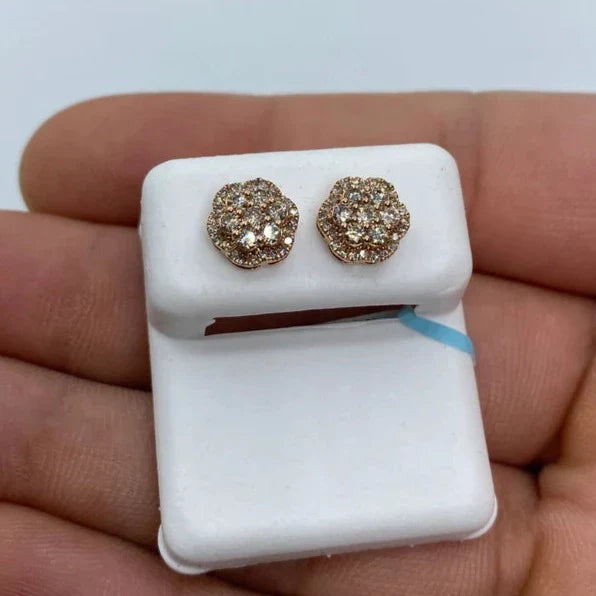 14K Gold Small 3D Flower Diamond Earrings in rose gold - close-up product photo