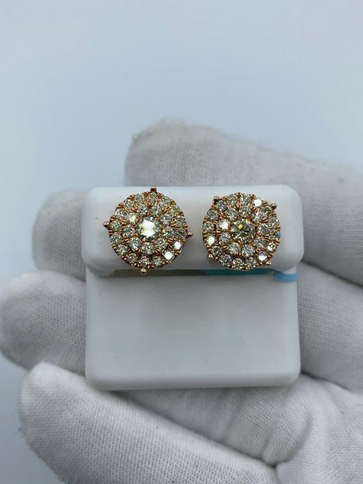 14K Gold Thick Circle Double Layer Cake Diamond Earrings 2.2 CT in rose gold - close-up product photo