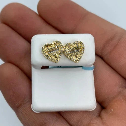 14K Gold Heart Diamond Baguette Earrings in yellow gold, Large - close-up product photo