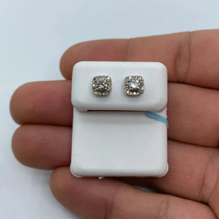 14K Gold Big Rocks Square Diamond Earrings in white gold - close-up product photo