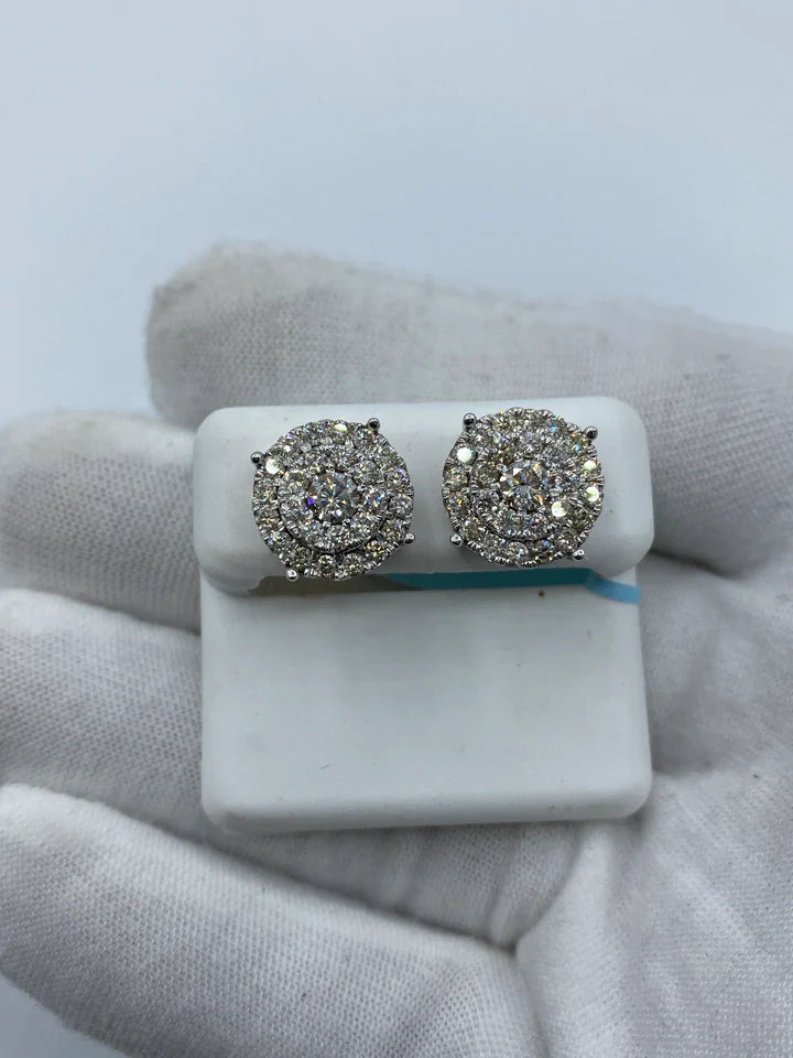 14K Gold Thick Circle Double Layer Cake Diamond Earrings 2.2 CT in white gold - close-up product photo
