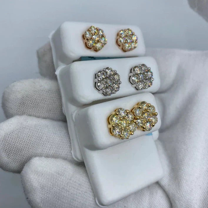 14K Gold Flower Diamond Earrings All Sizes in yellow gold, 2.6ct - close-up product photo