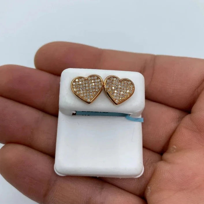 14K Gold Heart Solid Rim Diamond Earrings in rose gold, Large - close-up product photo