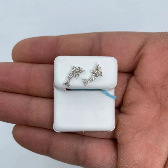 14K Gold Dolphin Diamond Earrings in white gold - close-up product photo