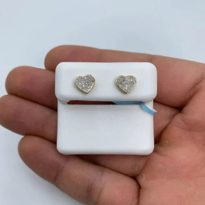 14K Gold Heart Solid Rim Diamond Earrings in yellow gold, Medium - close-up product photo