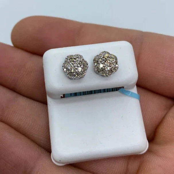 14K Gold Small 3D Flower Diamond Earrings in white gold - close-up product photo