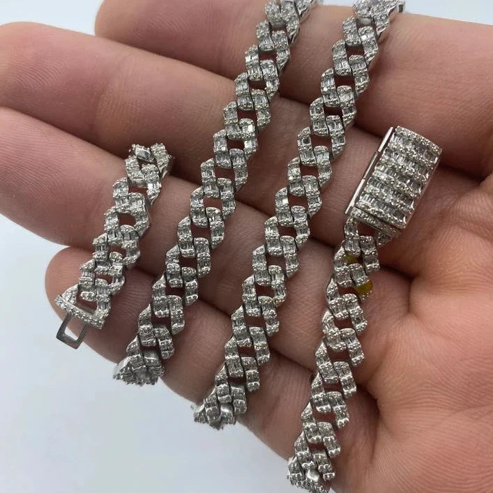 10K Gold 6.5mm Cuban Link Diamond Baguette Chain 18–24 in in white gold, 18" - close-up product photo