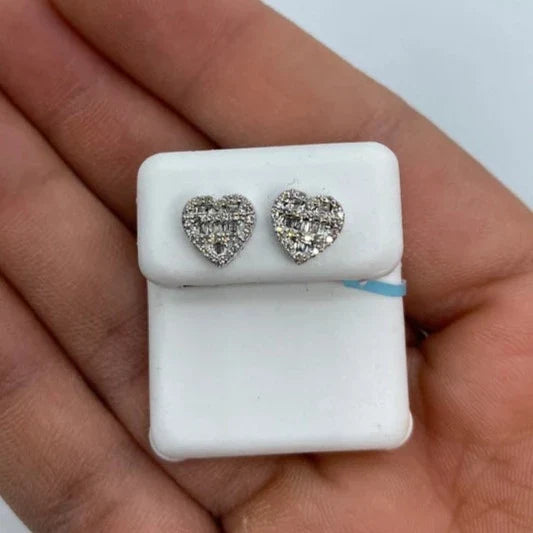 14K Gold Heart Diamond Baguette Earrings in white gold, Small - close-up product photo