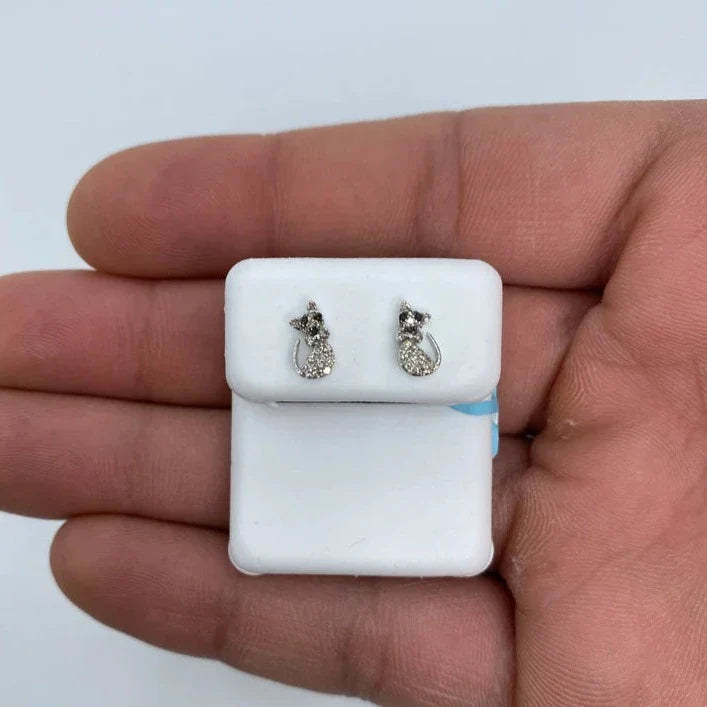 14K Gold Cat Stud Diamond Earrings in white gold - close-up product photo