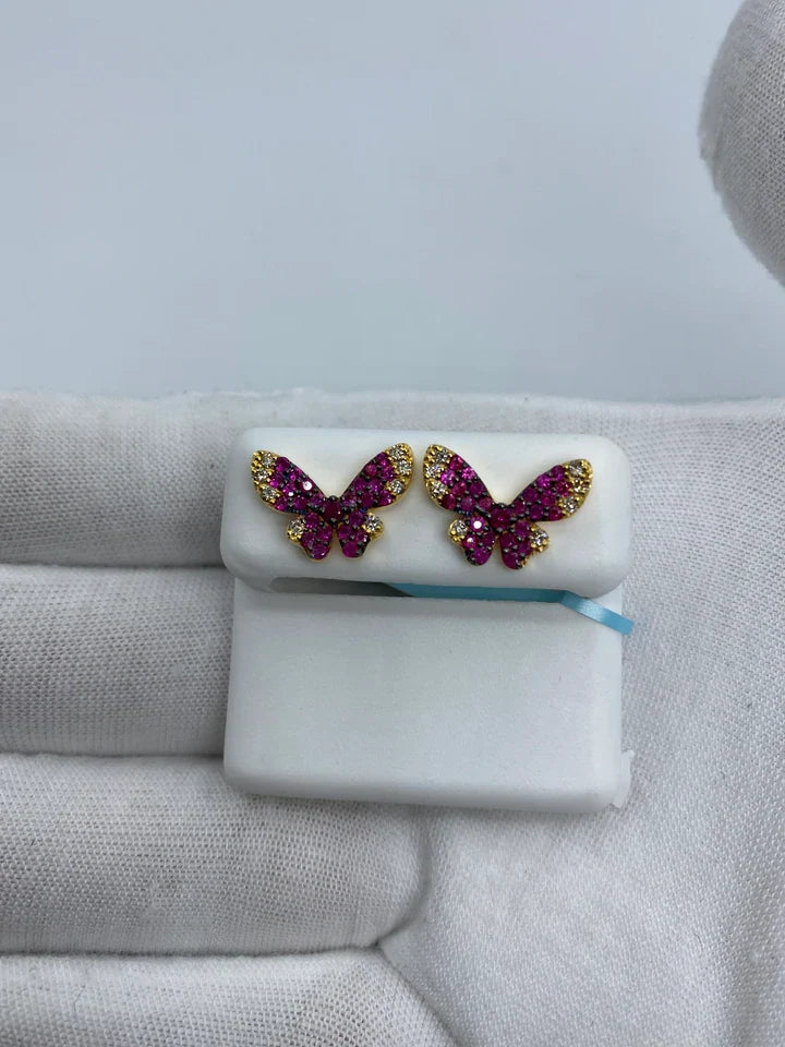 14K Gold Purple Butterfly Diamond Earrings in yellow gold, Large - close-up product photo