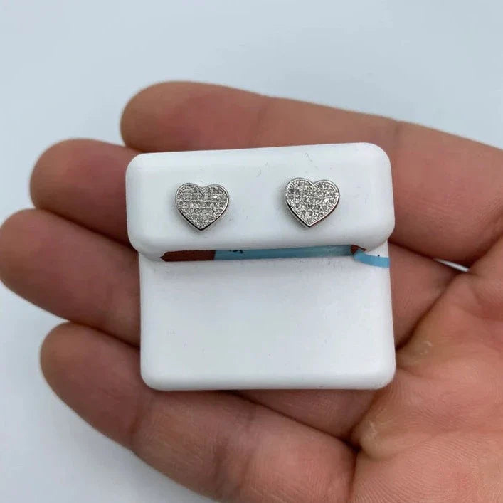 14K Gold Heart Solid Rim Diamond Earrings in white gold, Medium - close-up product photo