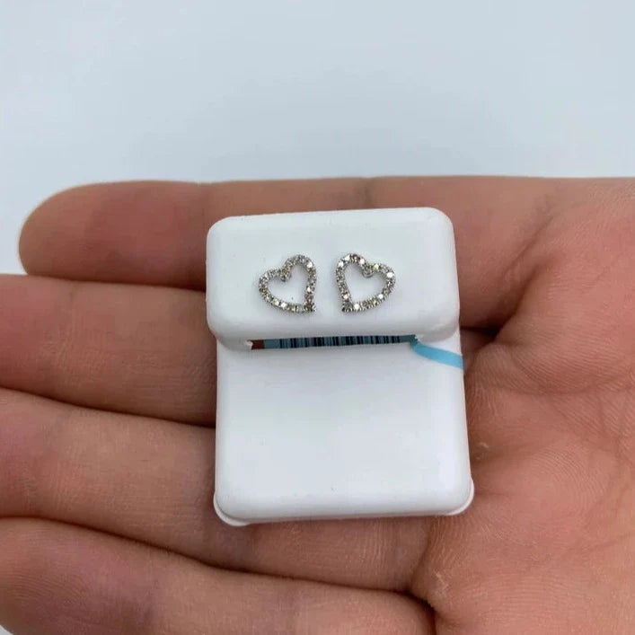 14K Gold Open Heart Diamond Earrings in white gold, Small - close-up product photo