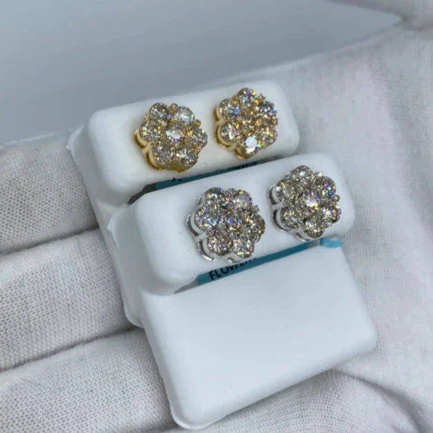 14K Gold Flower Diamond Earrings All Sizes in yellow gold, 5.3ct - close-up product photo