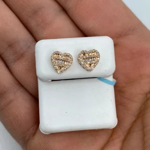 14K Gold Heart Diamond Baguette Earrings in rose gold, Small - close-up product photo