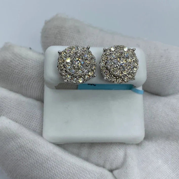 14K Gold Thick Circle Double Layer Cake Diamond Earrings 3.3 Ct in white gold - close-up product photo