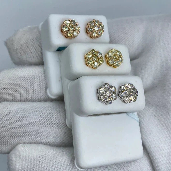 14K Gold Flower Diamond Earrings All Sizes in yellow gold, 1.4ct - close-up product photo