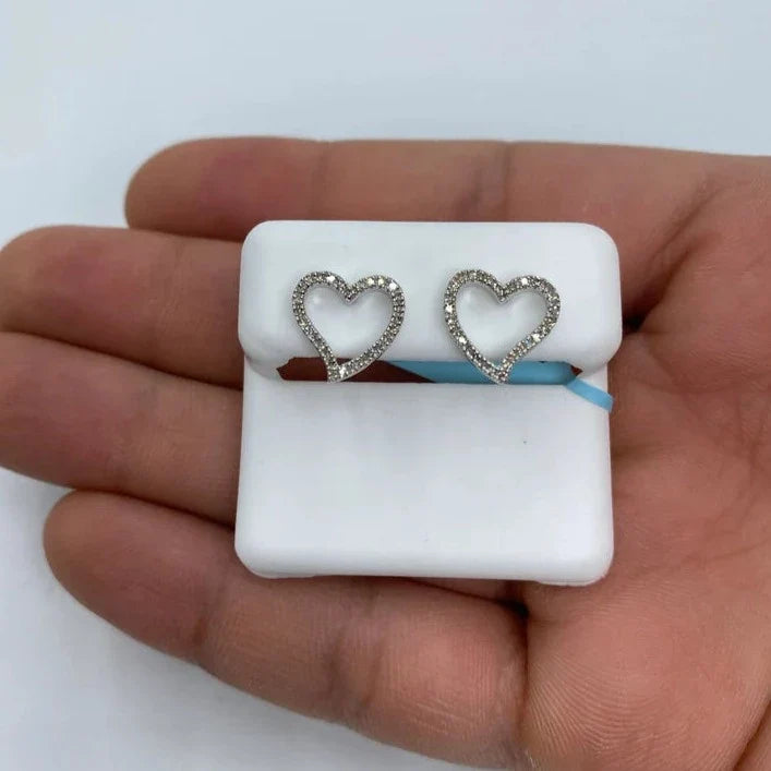 14K Gold Open Heart Diamond Earrings in white gold, Large - close-up product photo