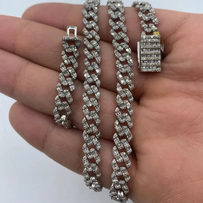 10K Gold 6.5mm Cuban Link Diamond Baguette Chain 18–24 in in white gold, 20" - close-up product photo