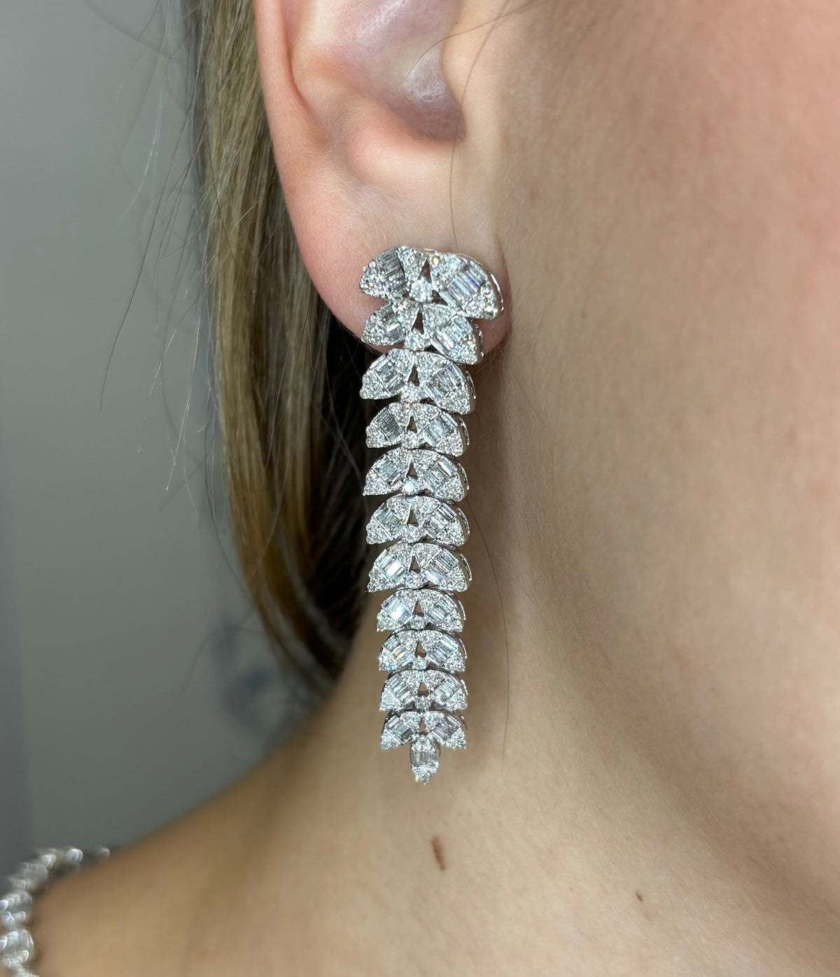 14K Gold Bridal Gardenia Baguette Hanging Diamond Earrings - additional product view 2