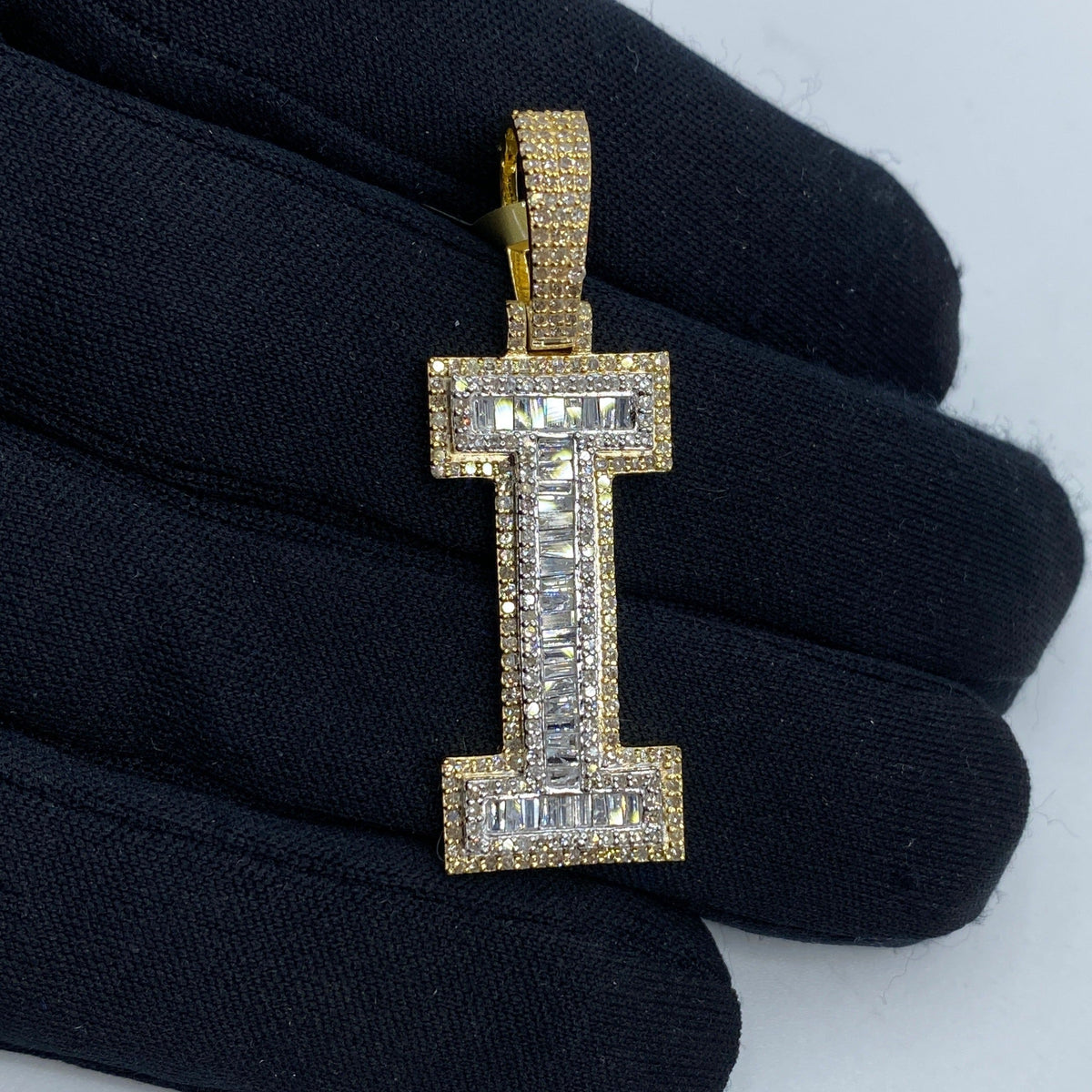 10K Gold Varsity Initial Letter Diamond Baguette Pendants Full Collection in yellow gold - close-up product photo