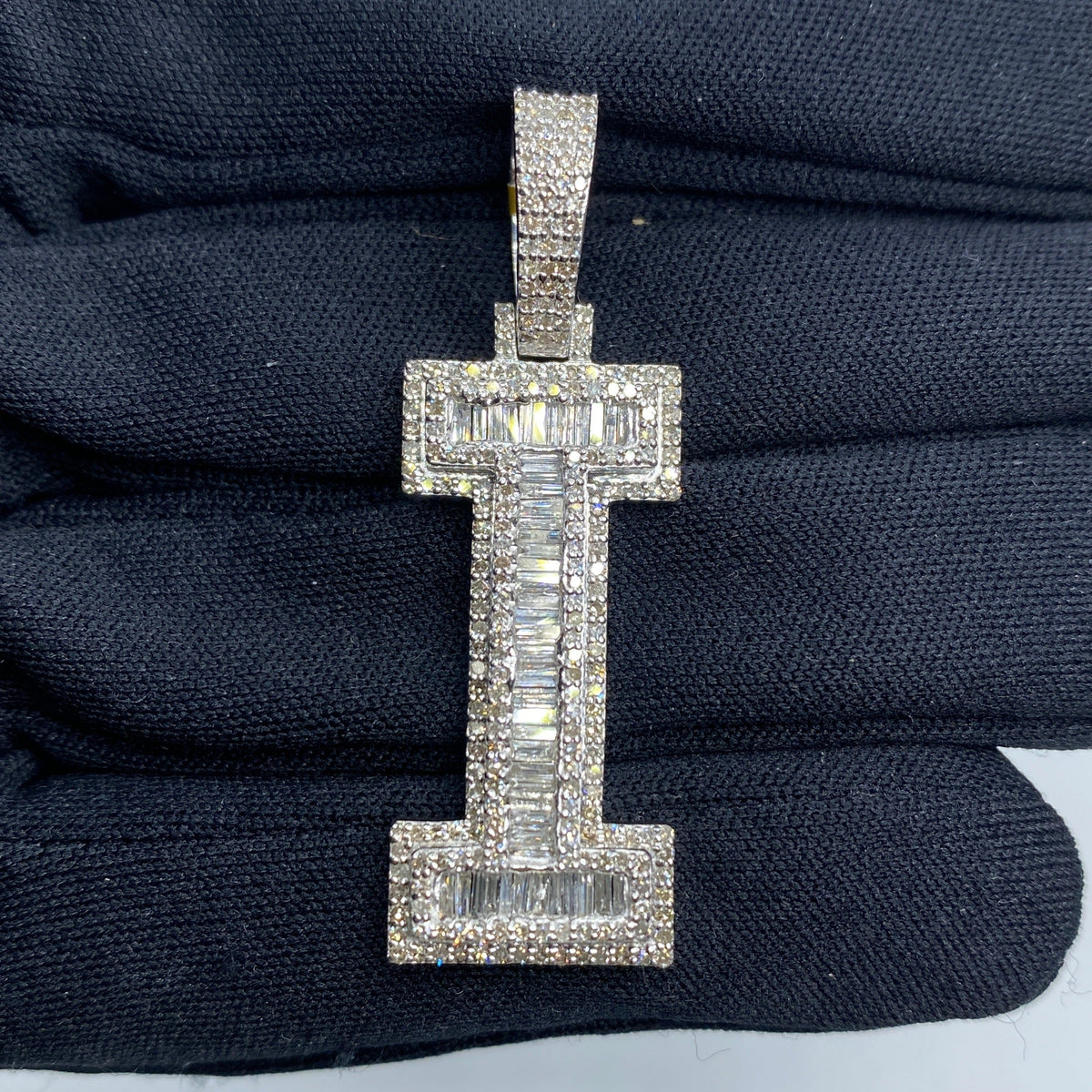 10K Gold Varsity Initial Letter Diamond Baguette Pendants Full Collection in white gold - close-up product photo