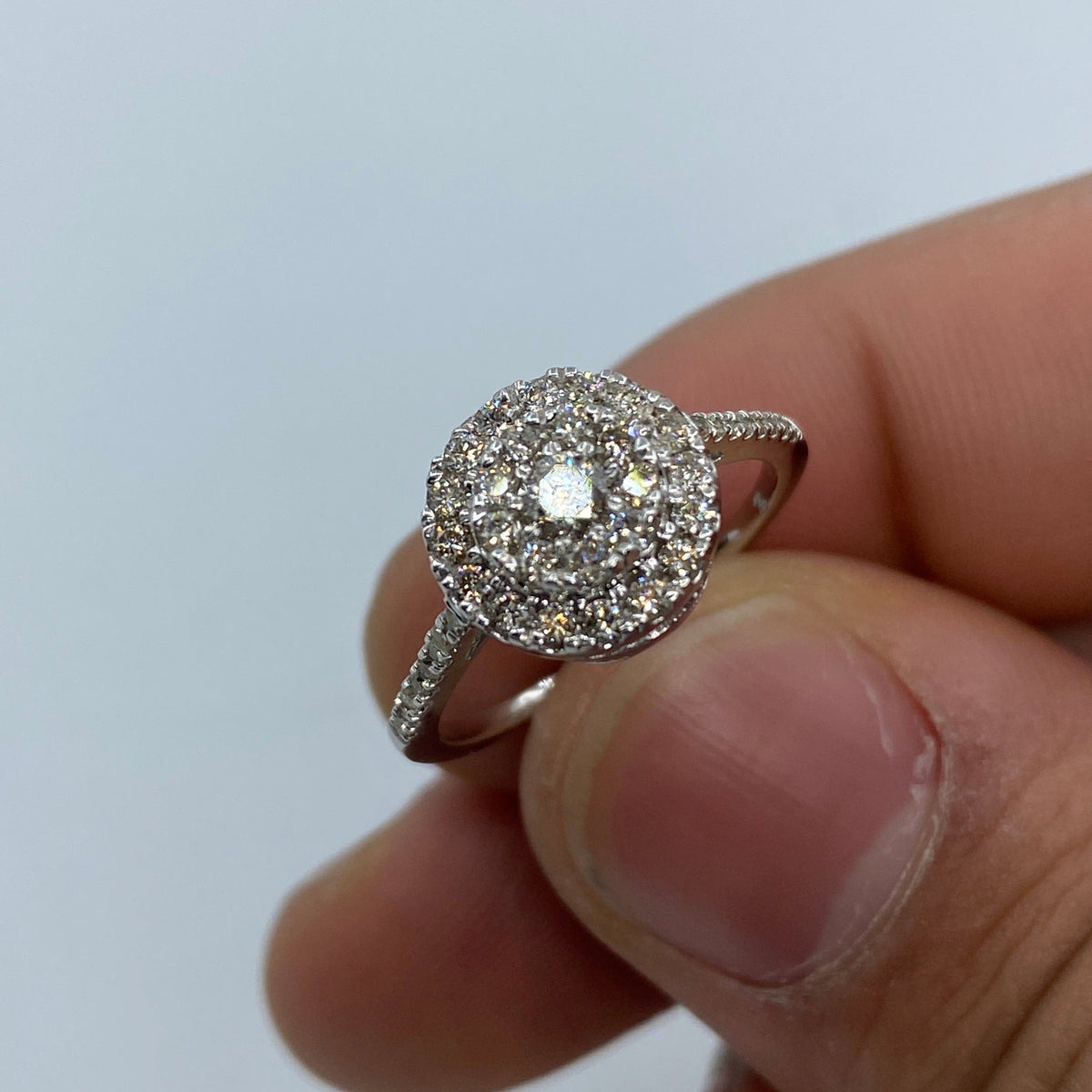 14K Gold Circle Thin Band Diamond Engagement Ring in white gold - close-up product photo