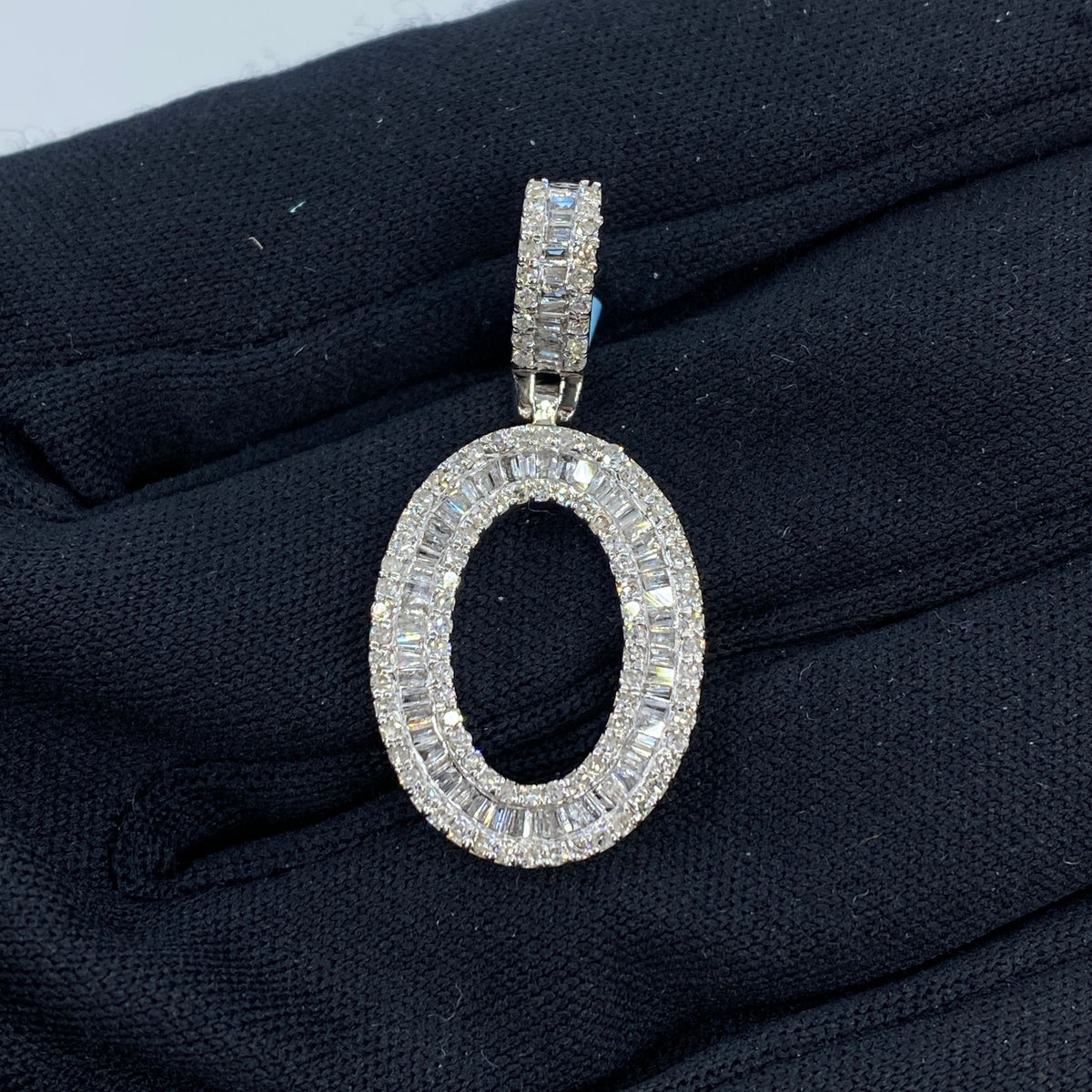 14K Gold Bamboo Initial Letter Diamond Baguette Pendants Full Collection in white gold, Small - close-up product photo