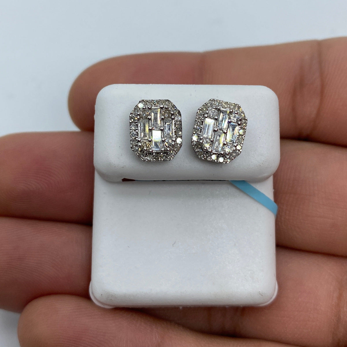 14K Gold Rounded Rectangle Diamond Baguette Earrings 1.2 Ct in white gold - close-up product photo