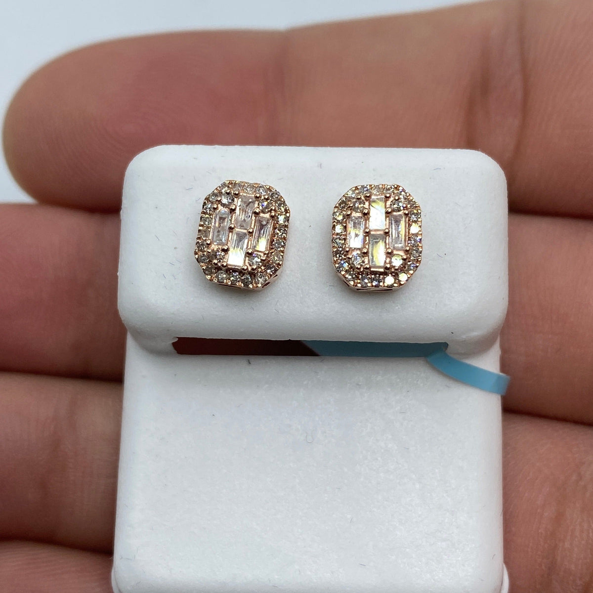 14K Gold Rounded Rectangle Diamond Baguette Earrings 0.75 Ct in rose gold - close-up product photo
