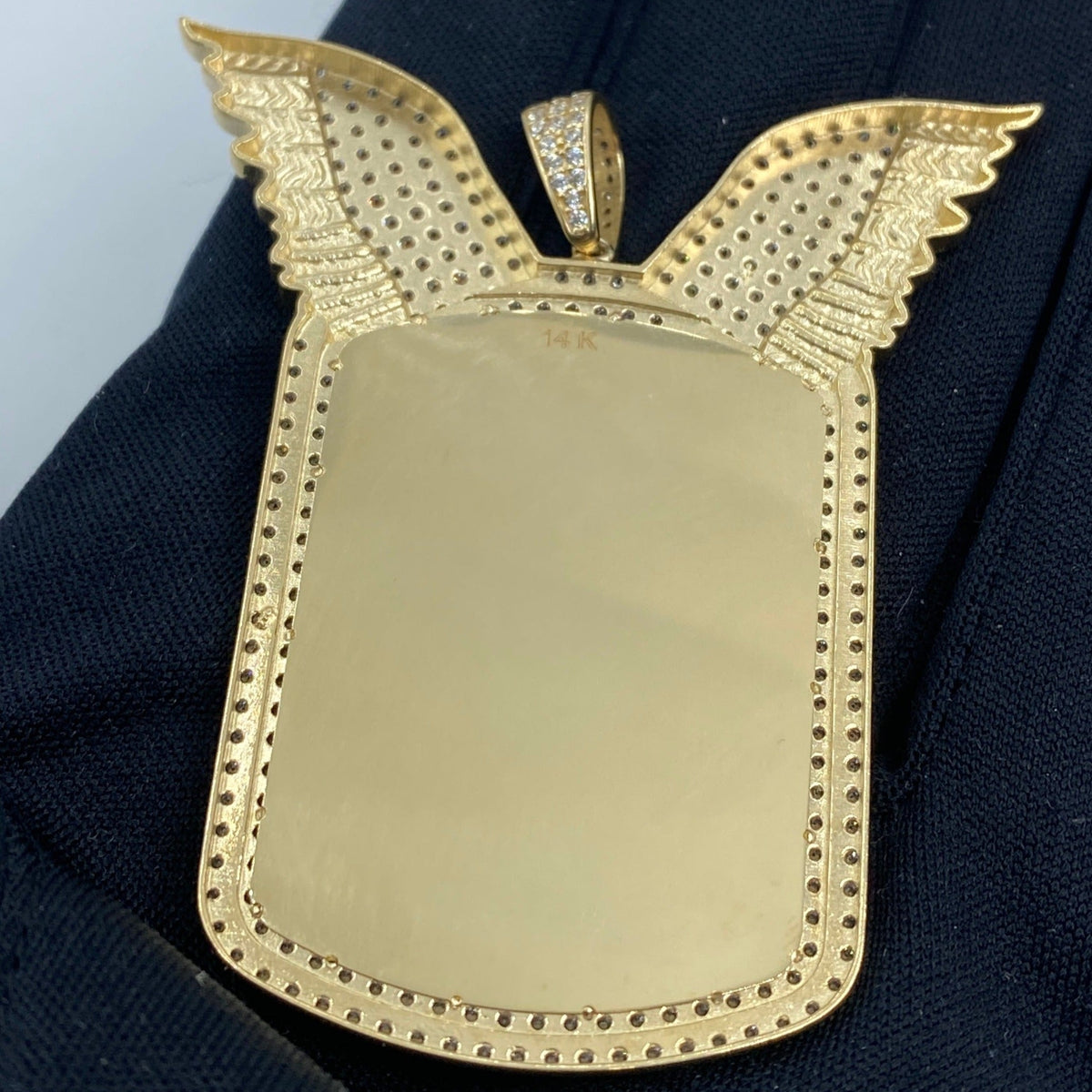 14K Gold Rectangle Angel Wings Picture Photo CZ Pendant - additional product view 4