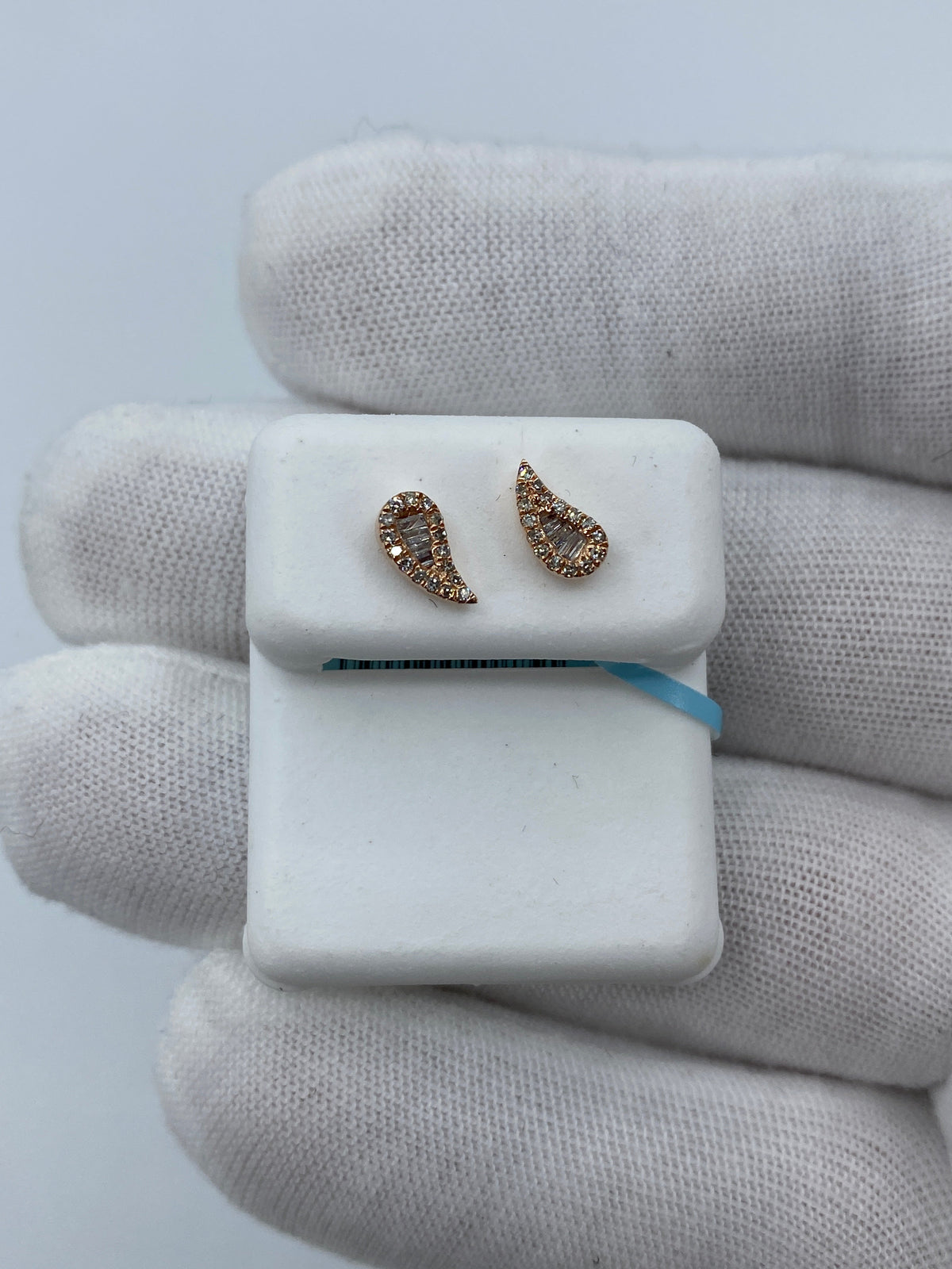 14K Gold Small Tear Shape Diamond Baguette Earrings in rose gold - close-up product photo