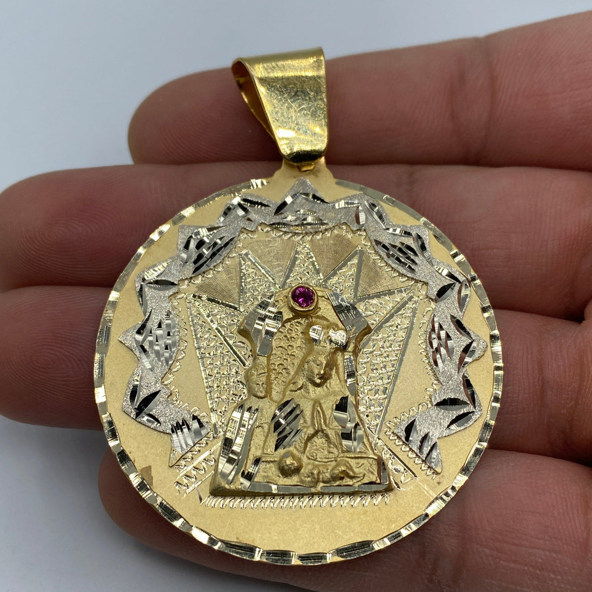 14K Gold Saint Caridad Del Cobre Round Medallion Pendant 2.5 in - additional product view 2