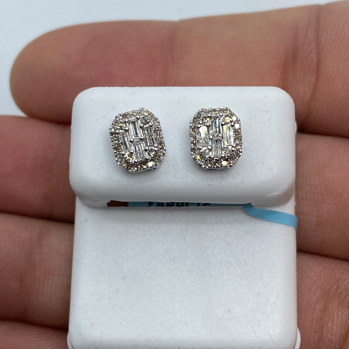 14K Gold Rounded Rectangle Diamond Baguette Earrings 0.75 Ct in white gold - close-up product photo