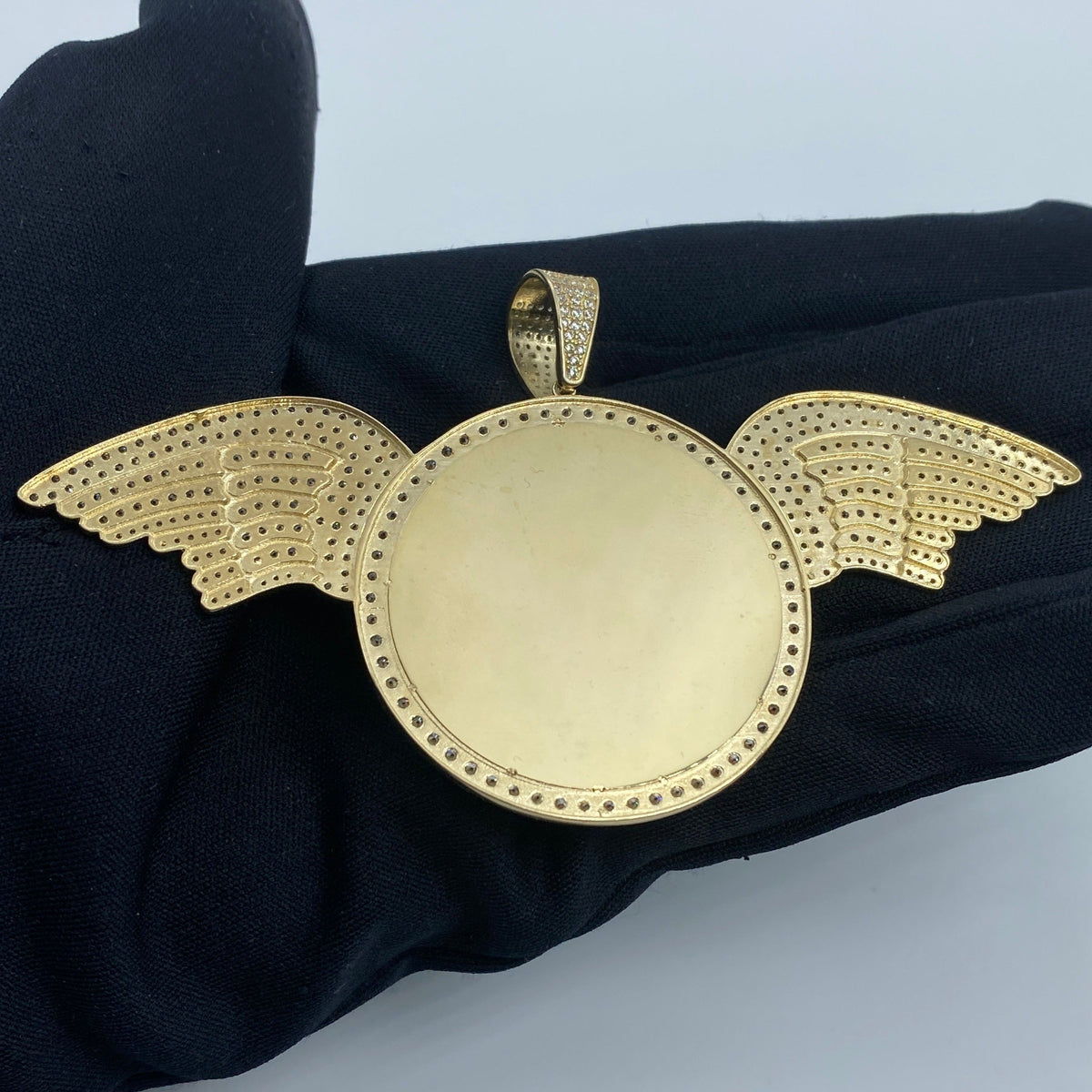 10K Gold Circle Angel Wings Picture Photo CZ Pendant - additional product view 4