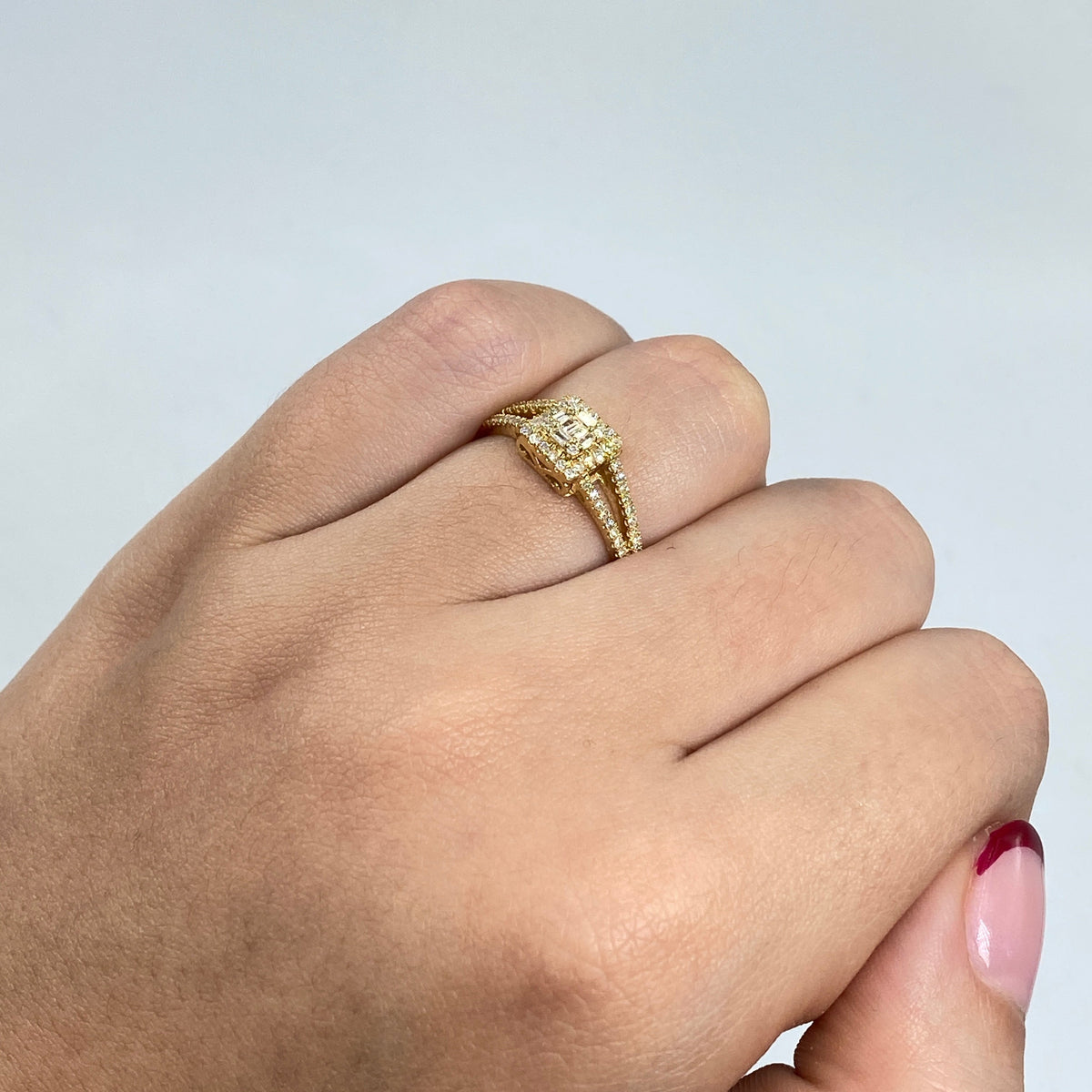 14K Gold Baguette Diamond Square Engagement Ring in yellow gold - close-up product photo
