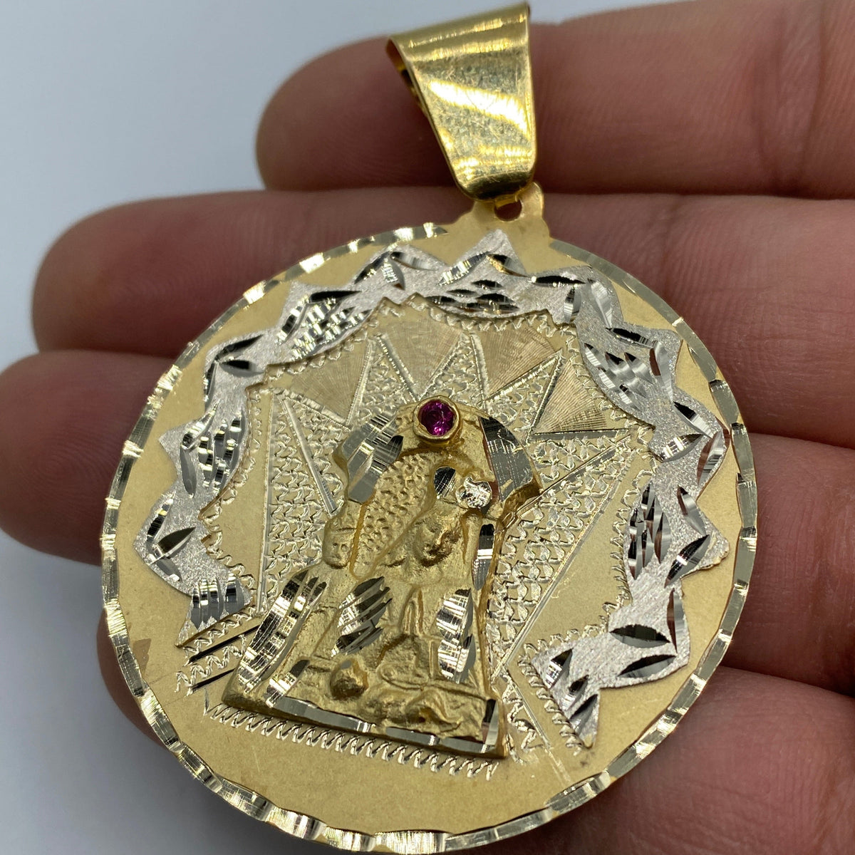 14K Gold Saint Caridad Del Cobre Round Medallion Pendant 2.5 in - additional product view 3