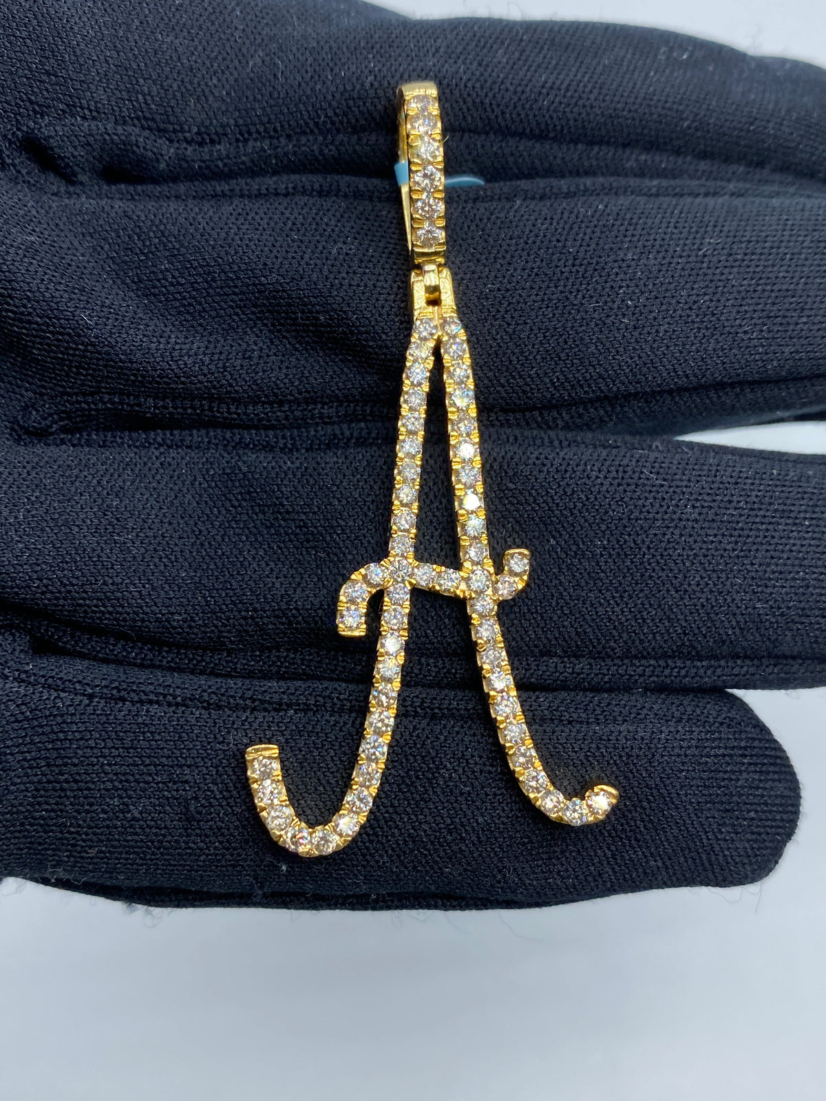 14K Gold Initial A Large Script Diamond Pendant in yellow gold - close-up product photo
