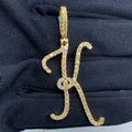 14K Gold Initial K Large Script Diamond Pendant in yellow gold - close-up product photo